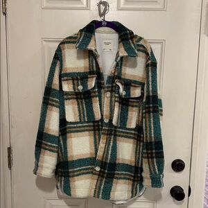 Abercrombie & Fitch Plaid Teddy Jacket - Green, Cream, and Tan